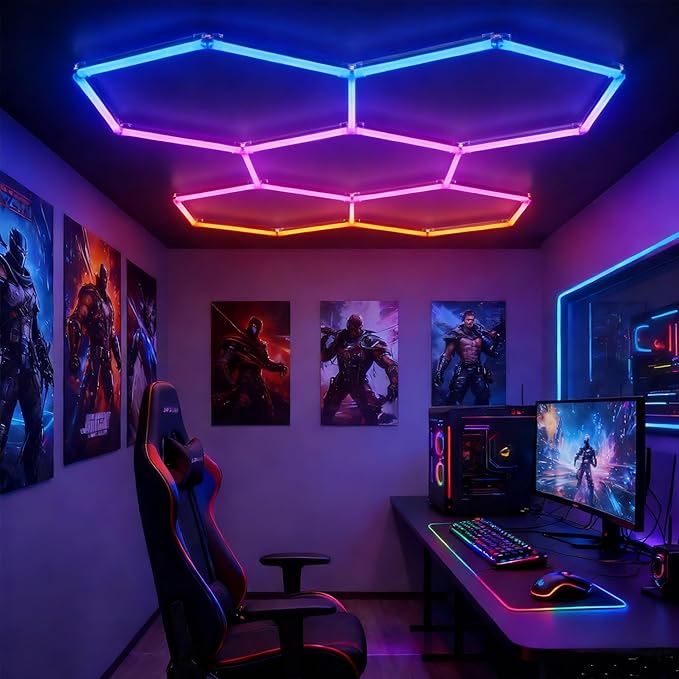 RGB Hexagon Lights with Remote, Music Sync Mode & 358+ Colors, LED Hexagon Lights for Gaming Room, Gym Lighting, Garage, Room Decor, Basement, Shop Light, Bar Lighting