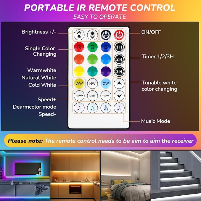 RGBWW+IC LED Strip Lights 50Ft, Dimmable Multi-Colored+3000K-6500K LED Lights with Remote and APP, Flexible Self-adhesive Color Changing LED Tape Lights, 24V Cuttable DIY Strip Lighting for Home Stair
