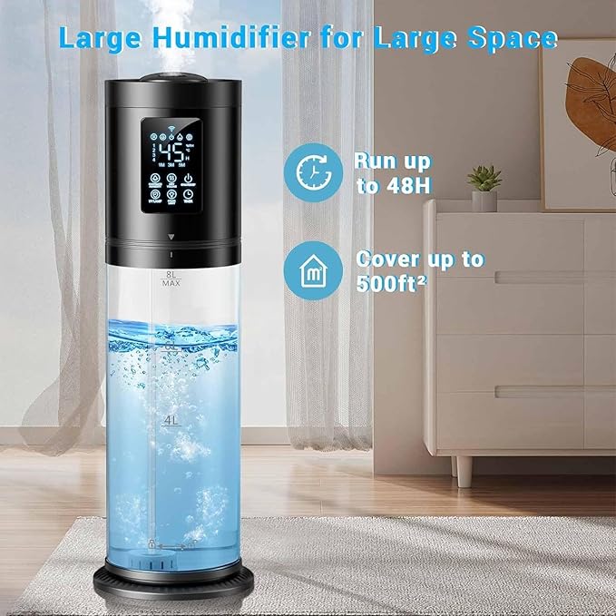 8L/2.1 Gal Humidifiers for Bedroom Large Room, 4 Levels Cool Mist Humidifier with Clear Tank, 7 Color Lights Essential Oil Diffuser with 16H Timer, Top Fill Air Humidifier for Home Plants