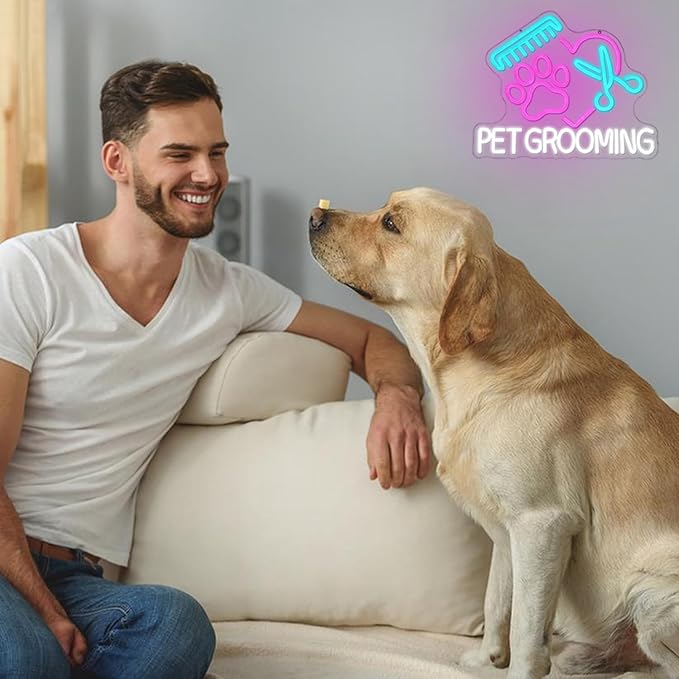 Pet Grooming Neon Sign for Wall Decor, Dimmable Paw Grooming Salon Neon Light, USB Powered Dog Grooming Led Light Up Open Sign for Pet Shop,Pet Hospital,Pet Salon Store Wall Art