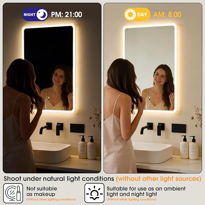 WARM&LOVE 16 x 24 Inch LED Bathroom Mirror, Hand Scan Sensor Anti-Fog Bathroom Mirror with Lights, Stepless Dimming, 3 Color Lighting, Lighted Bathroom Mirrors for Wall, Vertically Only