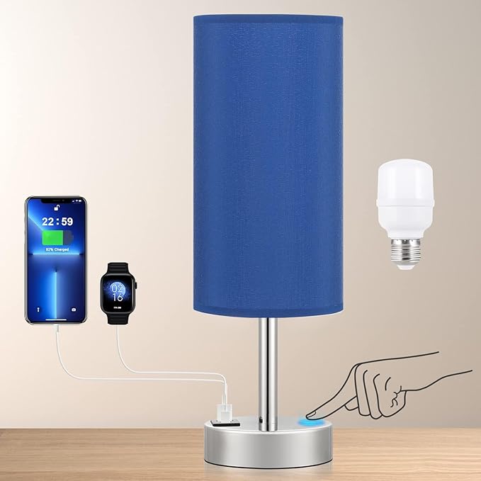 Dicoool Navy Blue Touch Lamp for Boys - Small Nightstand Lamp with USB-C and USB Charging Ports, 3 Way Dimmable Bedside Table Lamp with Fabric Shade Silver Base for Nursery, Dorm, Office, Reading