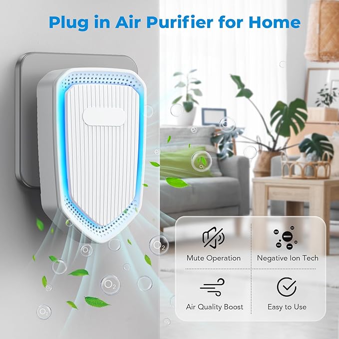 Plug In Air Purifiers Negative Ion Air Purifiers Quiet Air Freshener for Home Bedroom Office Basement - Portable Mini Air Cleaner Odor, Smoke, Dust, Pet Smell