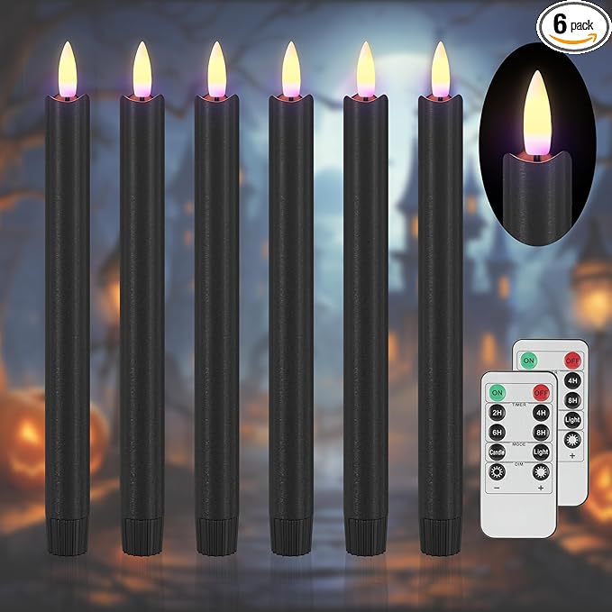 SHENSY Black Flameless Taper Candles with Remote & Timer – 6 Pack 9.64" Battery Operated Real Wax LED Candlesticks, Flickering Halloween Candle Lights for Fireplace, Party, Indoor Decor