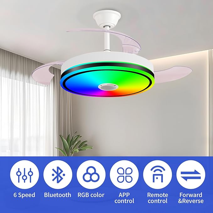 42'' Retractable Hanging Fan with Lights, Smart Fan Light with Bluetooth Speaker, App Control for Dimming & RGB Color Change Reversible Bedroom Living