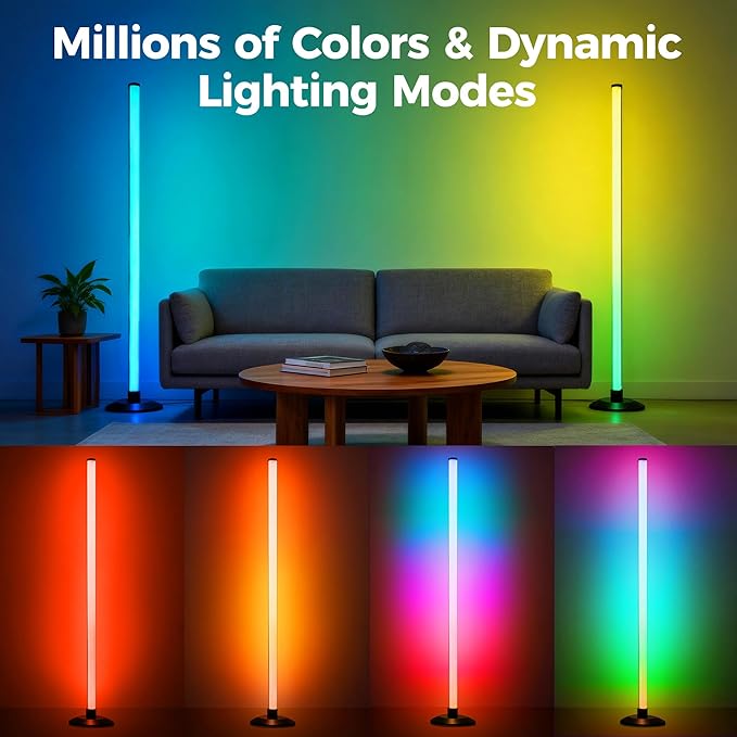 ICRGB Corner Floor Lamp, 2 Pack Smart LED Floor Lamps with App & Remote Control, Music Sync, 16 Million Colors, Auto Timer, Modern Ambient Standing Light for Gaming Room, Living Room, Bedroom