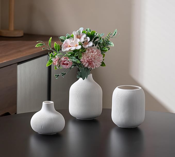 White Ceramic Vases for Decor, 3 Set Small Modern Minimalist Ribbed Vases Decorative for Table Shelf Decor Bookshelf Decoration Vase