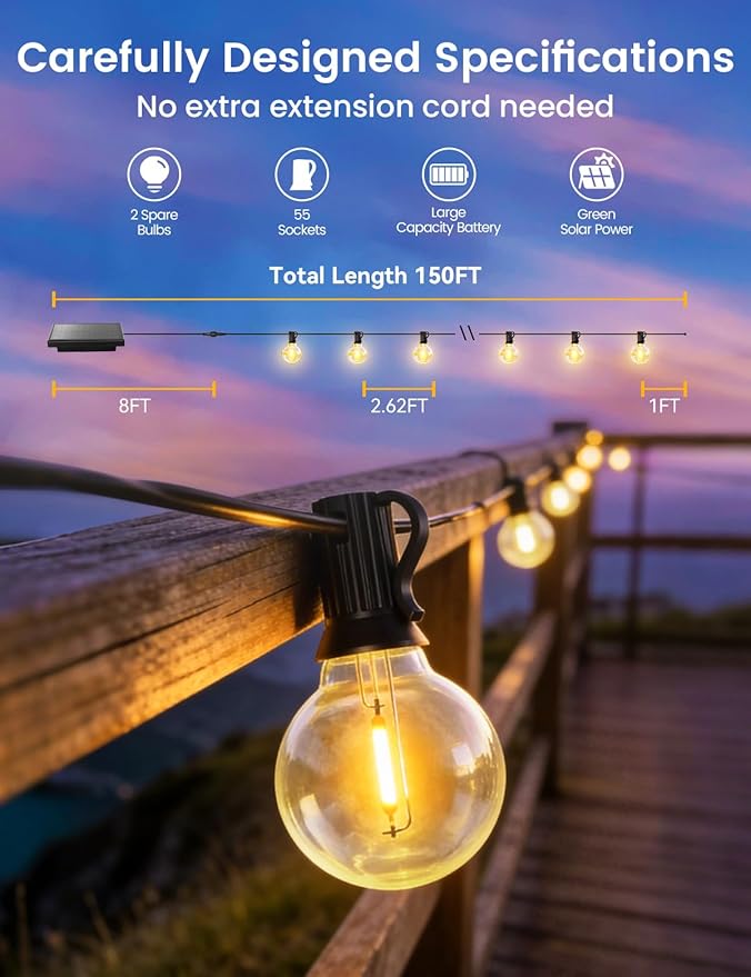 Brightever 150FT Solar String Lights Outdoor Waterproof, G40 Solar Lights with Remote and 55+2 LED Shatterproof Globe Bulbs, Dimmable&3 Lighting Modes, Solar Power Patio Lights for Backyard, Garden