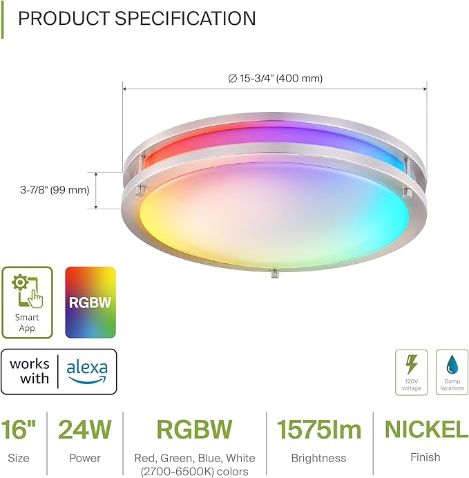 ASD LED 16" Round Flush Mount Lighting, Close to Ceiling Light Fixture | Smart, Multicolor, Dimmable, ETL Listed | 24W 1575LM RGB-2700-6500K 120V | Low Profile Double Ring Lamp | Nickel
