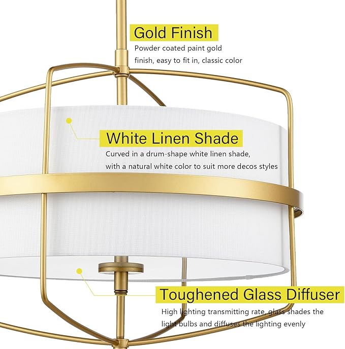 DAYCENT Modern Gold Pendant Light 3-Light Drum Shade Chandelier 16-Inch Brass Pendant Lighting with Drum Fabric Shade Hanging Light Fixture for Dining Room Living Room, Adjustable Height