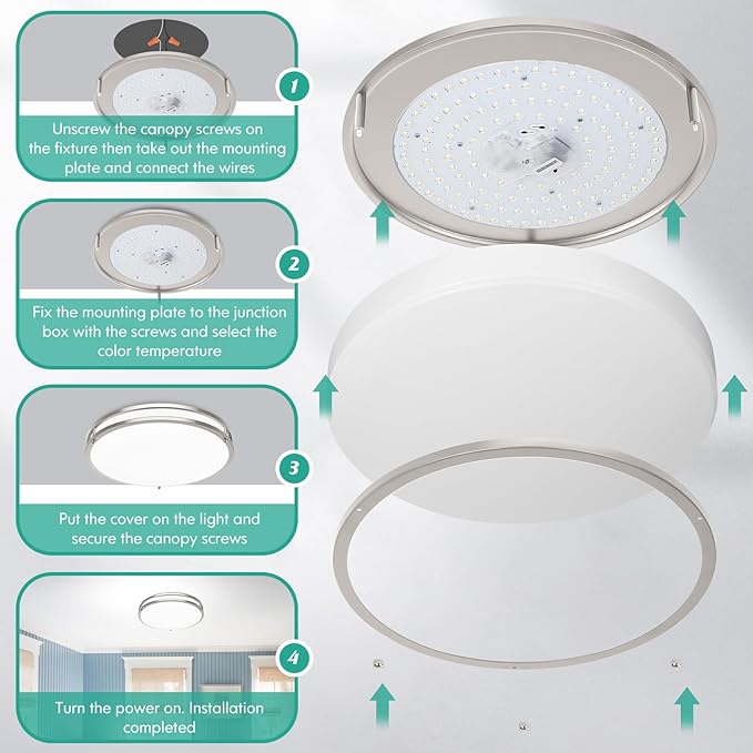 16 Inch LED Flush Mount Ceiling Light Fixture, Dimmable 5CCT Selectable 2700K Warm White-6500K Super Bright Daylight White, 50W 6000LM Round Brushed Nickle Ceiling Lamps for Living Room Kitchen, 2PACK