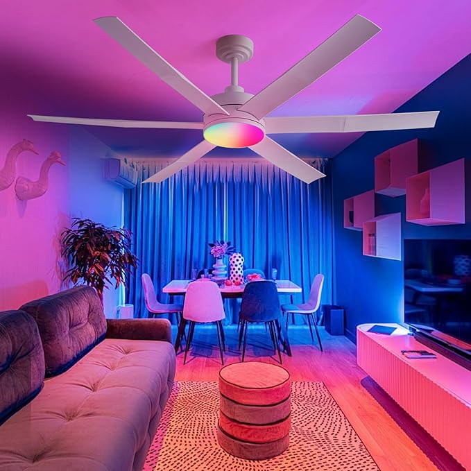 60" Smart Ceiling Fan with RGB Chasing Lights – Quiet DC Motor with Sectional Blades Dimmable CCT via App & Remote Control, Fits Flat or Sloped Ceiling Mount for Large Living Rooms, White