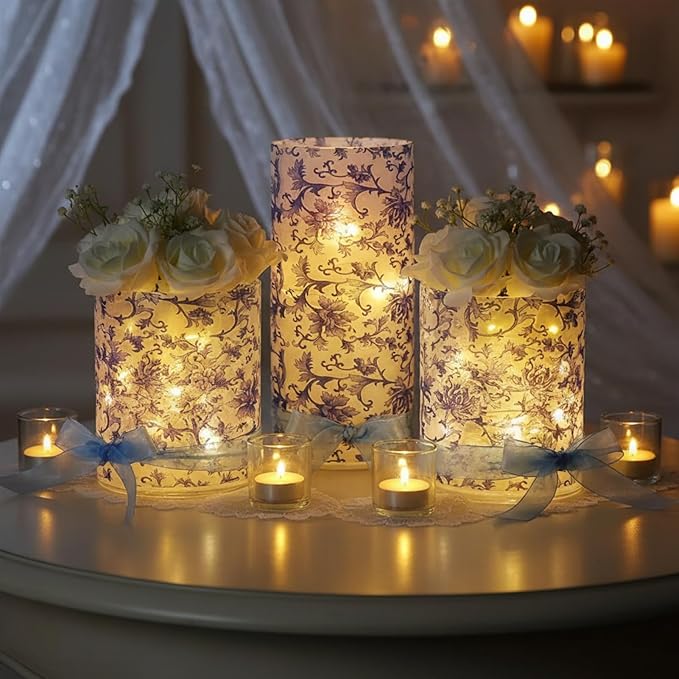 Floral Flameless LED Pillar Candles with String Lights, 3pcs Blue and White Battery Operated Flickering Candles with Timer Remote,Chinese Porcelain Style Candle for Wedding Mother's Day Home Decor
