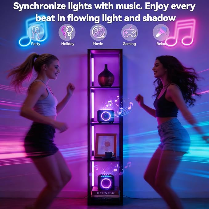 RGBCW Floor Lamp with Shelves, Smart Modern Floor Lamp with Music Sync, Color Changing Corner Display Shelf Lamp, Dimmable Square Standing Lamp for Living Room and Bedroom, Office