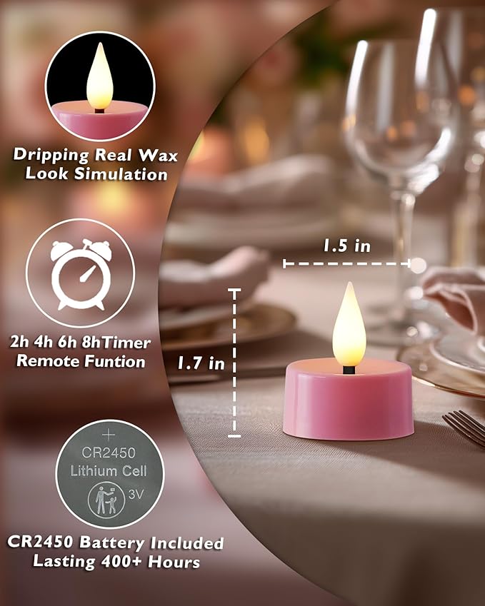 Amagic Flameless Pink Timer Remote Tealights Candles, 3D Black Wick Flickering Tea Light, 300+Hour Colored Votive Candles Battery Operated, Set of 12 for Romantic Wedding Decor, Baby Showers, Proposal