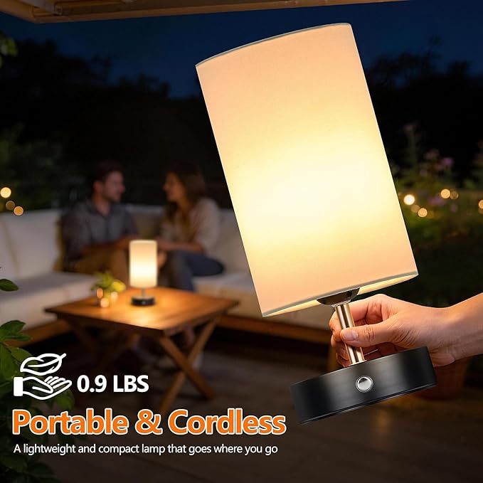 2-Pack Cordless Table Lamps, Black Rechargeable Bedside Lamps Dimmable, Portable 6000mAh Battery Operated LED Desk Lamps, Modern Touch Control Wireless Lamps, Small Lamps for Bedroom, White Shade