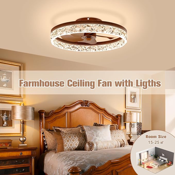 VOLISUN Farmhouse Ceiling Fans with Lights and Remote, 19.7in Low Profile Ceiling Fan Flush Mount, 3000K-6500K Dimmable Bladeless Fandelier Ceiling Fans with Lights for Bedroom(Walnut)