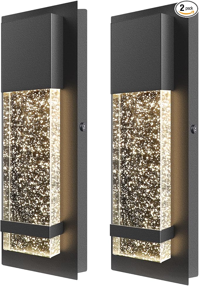 PARTPHONER Modern Wall Sconce, LED Wall Light with Crystal Bubble Glass Modern Porch Light Outdoor Indoor Wall Fixture 12W Lumen 3000K for Doorway Garden Hallway Patio Living Room, 2 Pack