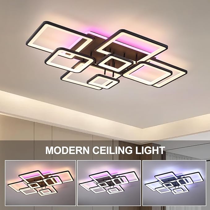 Stunning Layered Square Geometric Modern LED Ceiling Light - 100W Super Bright Black Flush Mount Chandelier, Dimmable RGB, Remote Control Included for Living Room Bedroom Dining Room