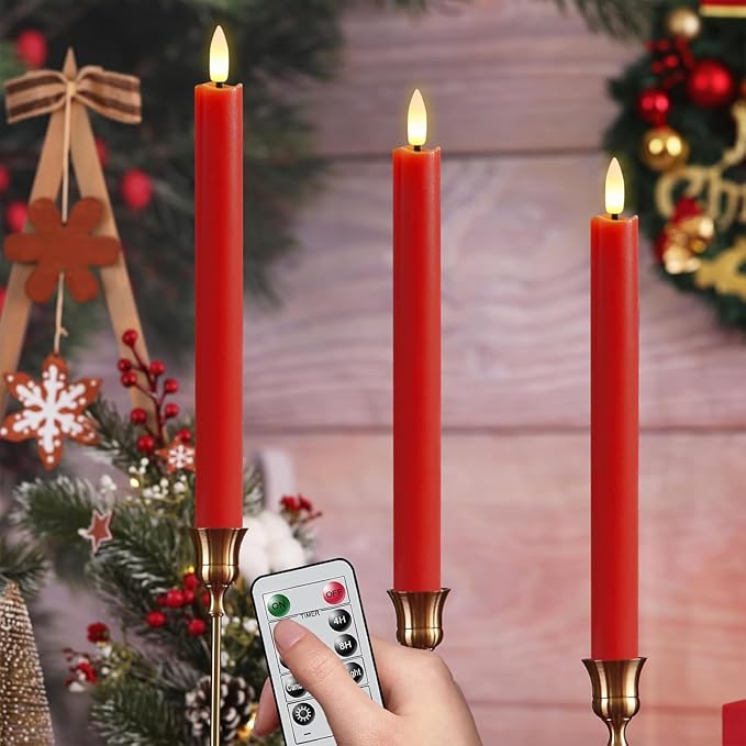 GenSwin Red Flameless Taper Candles with Remote, Real Wax Taper Candles Battery Operated, LED Flameless Candlesticks with 3D Wick for Home Halloween Christmas Holiday Decor(Set of 3, 0.78” x 9.6”)