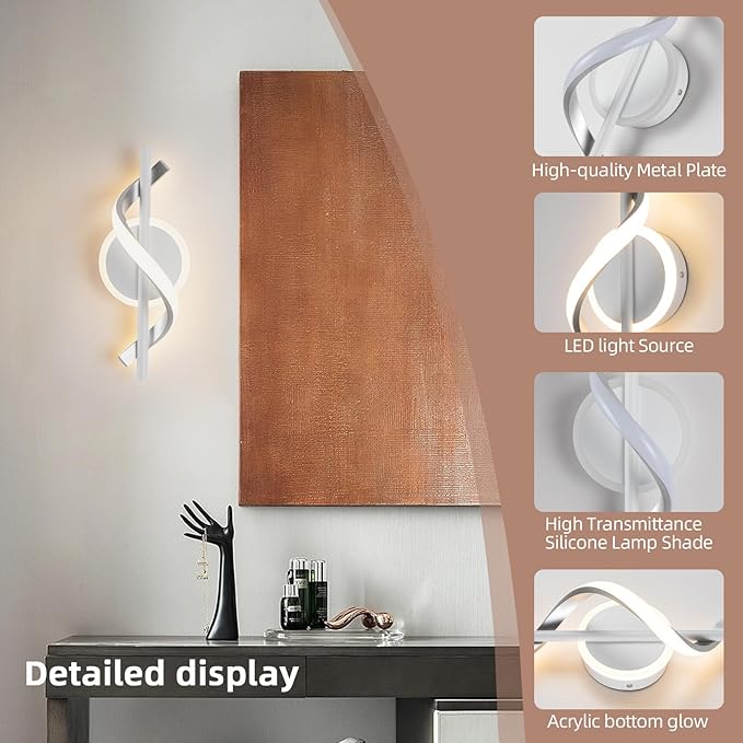 Modern Wall Sconces Sets of 2, 12W LED Wall Lights, Modern Spiral Wall Lamp, LED Wall Lamps, 3000K Warm White Light Fixture for Stairs Living Room Bedroom Aisle Hallway