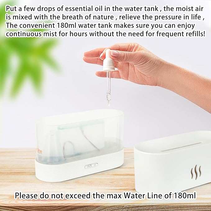 Flame Diffuser Humidifier-Auto Off 180ml Essential Oil Diffuser-2 Modes Brightness Aroma Humidifier with Fire Flame Effect for Home,Office,Spa,Gym (White)