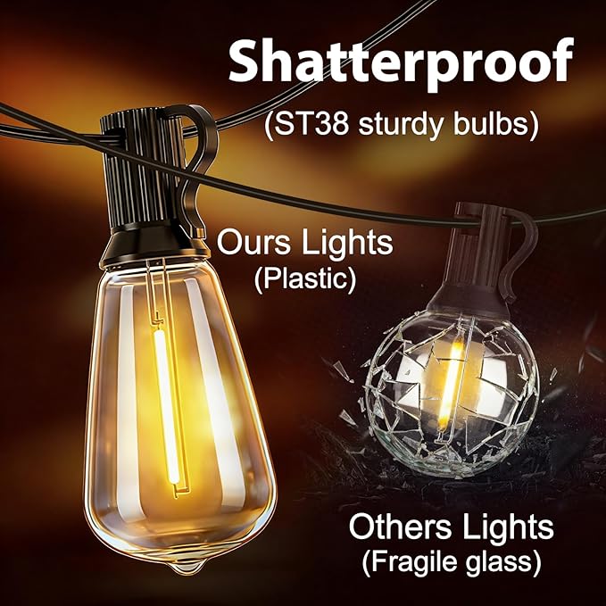 Smart Outdoor String Lights, 200FT ST38 LED Patio Lights with Timer Remote APP Control, 84 Shatterproof LED Bulbs (4 Spare), Dimmable Waterproof Hanging Light for Backyard Porch Party Decor