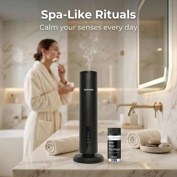 Scentia Wireless Waterless Hotel Scent Diffuser | Includes Premium USA-Made Oil Blend | App Controlled, Cordless | Home, Office, Spa, Aromatherapy | Covers 1500 Sq Ft | 72 Hrs in 1 Charging | Black