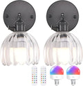 Vintage Battery Operated Wall Sconce with Transparent Tulip Glass Lampshade Rechargeable Battery Powered Black Wall Light with Remote Control for Bedside Bedroom Doorway, Set of 2