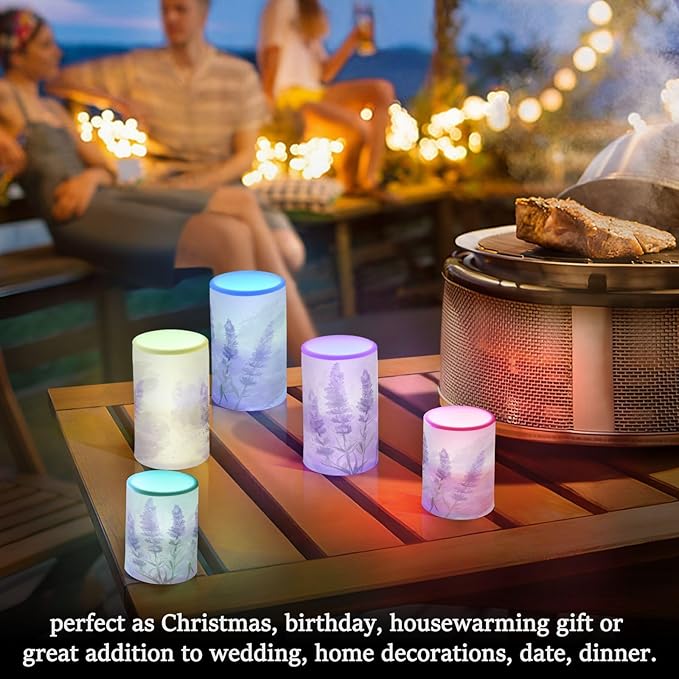 Watercolor Lavender Pattern Flameless Candles Color Changing LED Candles with Remote Control Battery Candles for Outdoor and Indoor Home and Room Decoration, 3'' x 4''/5'' Set of 2 Pieces