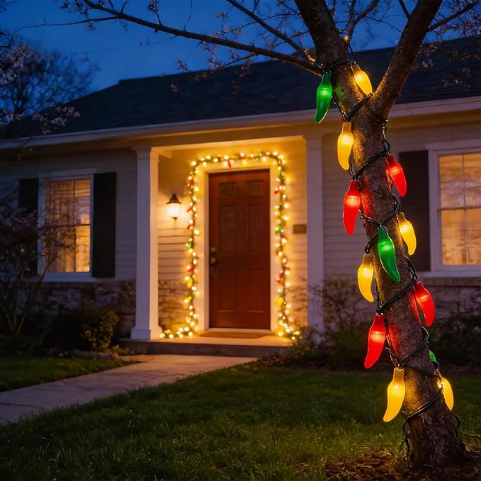 35 LED Red Green and Yellow Chili Pepper Christmas Lights, 18 Ft Green Wire House Decorative Lighting String, for Indoor and Outdoor Party, Kitchen, Living Room, Garden, Patio.