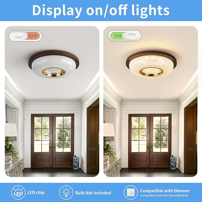 Modern LED Flush Mount Ceiling Light Fixture with Peach Wood Frame Lampshade,Round Ceiling Lights for Bedroom,Hallway and Porch,Farmhouse Ceiling Lamp with 18W 4000K Light Color,12 inch