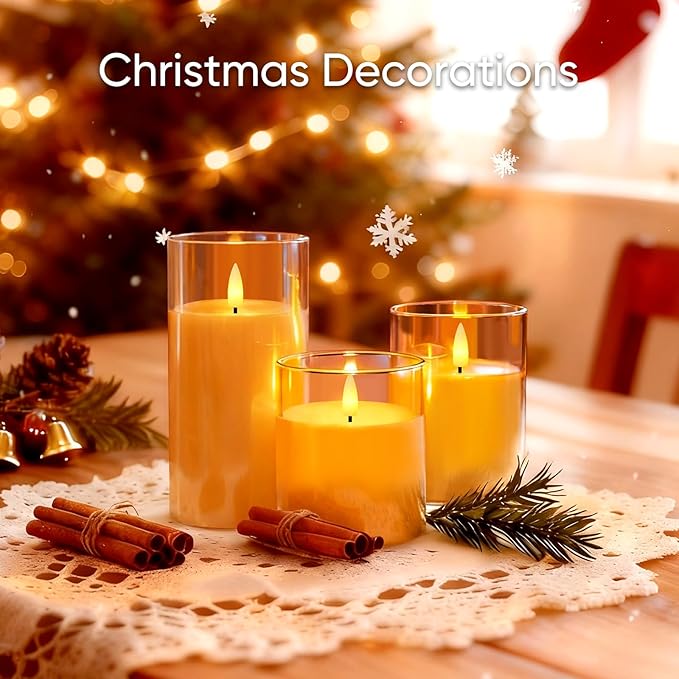 5plots Flameless Battery Operated Candles Set of 3, Gold LED Candles with Remote Timer, Real Wax Glass Pillar Candles Warm Flickering Light for Indoor Home, Halloween, Christmas Decor D3 x H4 5" 6"