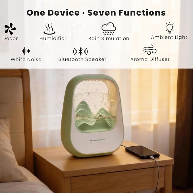 Rain Drop White Noise Machine with Realistic Rain Sounds – Sleep Therapy Humidifier, Bluetooth Speaker, Ambient Light & Aroma Diffuser for Bedroom Relaxation, Meditation & Stress Relief (Green)