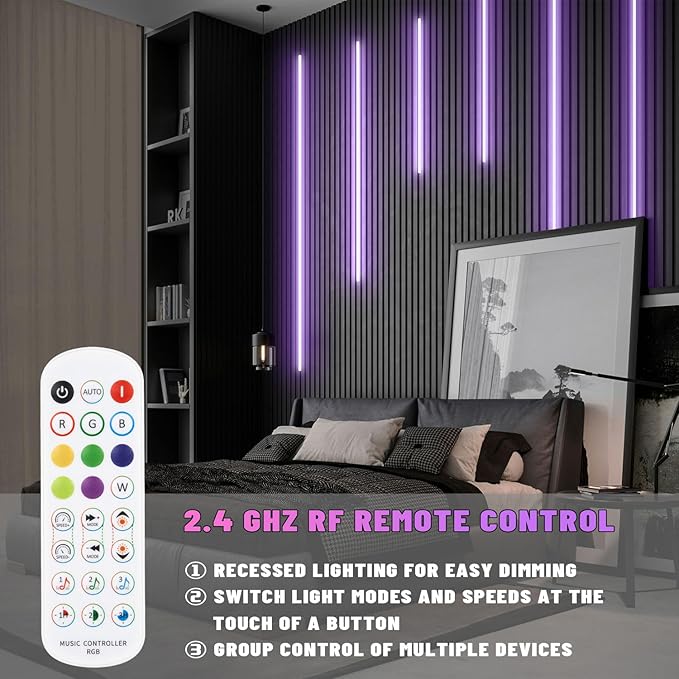 Lichaser RGB Black Smart Recessed Lighting for Acoustic Panel, 6 Pcs WiFi LED Strip Light for Wood Slat Wall Panel Compatible with Alexa, Self-Adhesive Smart LED for Slat Wall (4 * 28 in+2 * 16 in)