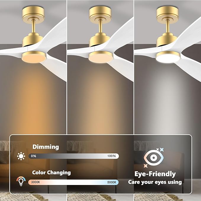52 Inch Wood Smart Ceiling Fans with Lights Remote,Voice Control via WIFI Alexa App,Quiet DC Motor,Outdoor Indoor Ceiling Fan,Dimmable,Modern Gold White Lighting & Ceiling Fan for Bedroom Patio Porch