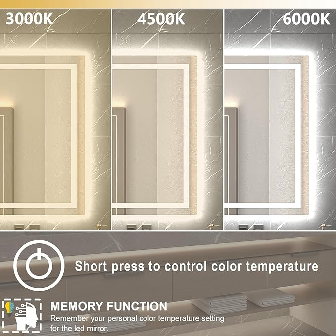 LED Mirror for Bathroom 20x28 Lighted Bathroom Vanity Mirrors with Lights, Brighter Frontlit and Backlit Anti-Fog Mirror, Tempered Glass, Dimmable 3 Colors Light Modes, Memory Function