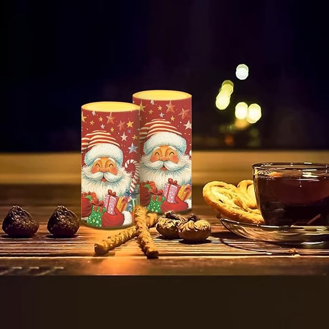 Red LED Candles with Remote Flickering Flameless Candles Santa Claus Stars Battery Operated Fake Pillar Candles Christmas Decorations for Bedroom Living Room Dining Room Table Decor