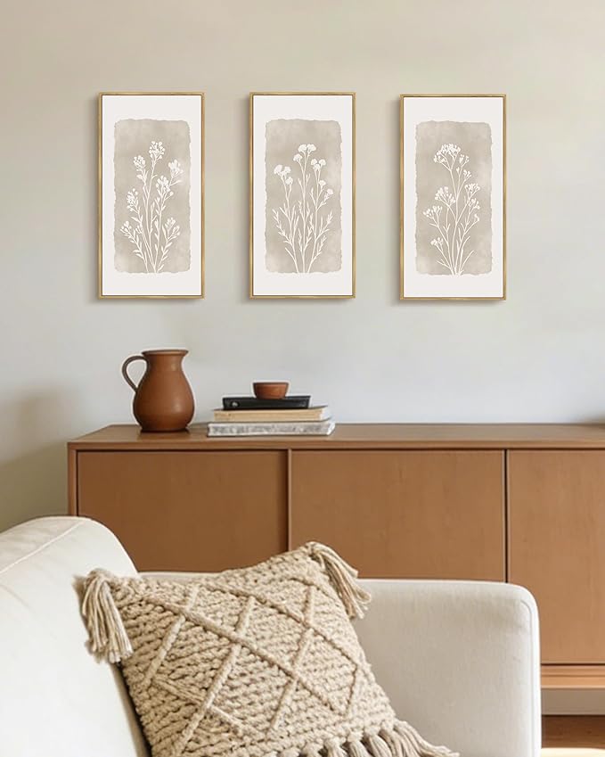 KUVIOKE Vintage Botanical Framed Wall Art White Floral Decor Print Modern Rustic Farmhouse Home Office Kitchen Hallway 8x16in3pcs Natural Framed