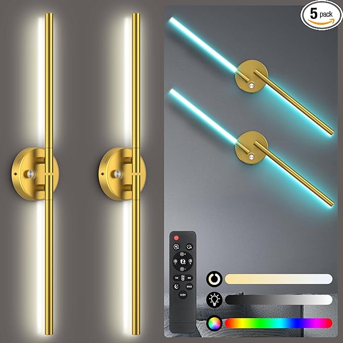 Battery Operated Wall Sconce of 2, 360°DIY Rotatable,Wireless Magnetic Wall Lights with Remote,10 RGB Color with 5CCT Dimmable,Cordless Wall Lamp Decor for Vanity Bedroom 10000mAh Gold