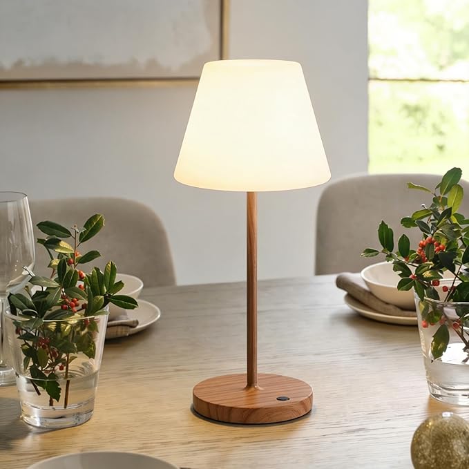 Mini LED Cordless Table Lamp Rechargeable, 3000mAh Battery Operated Shower Lamp Waterproof, Touch Dimmable 2700K Night Light for Patio Camping Dining Outdoor (Mini Wood)