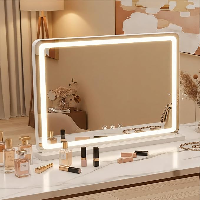 Vanity Mirror with Lights, LED Makeup Mirror with 3-Color Dimmable Lighting, Smart Touch Control, Memory Function, Tabletop Lighted Mirror for Bedroom, Dressing Room