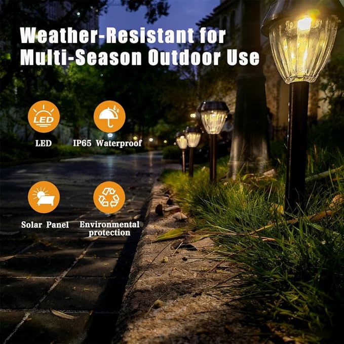 Vintage Solar Lights Outdoor, Glass & Metal Solar Pathway Lights 4 Pack, IP65 Waterproof, Warm White Garden Lights for Walkway, Yard, Patio, Driveway