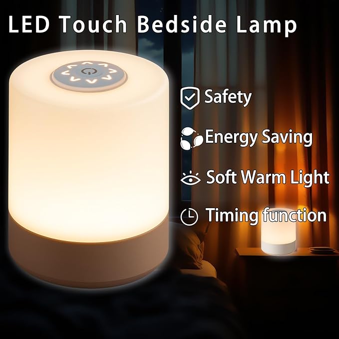 Touch Bedside Lamp, Portable Night Light, 3-Color Dimmable LED, USB Rechargeable with Remote & Timer for Bedroom, Nursery, Camping (A-Light-Touch&Remote)