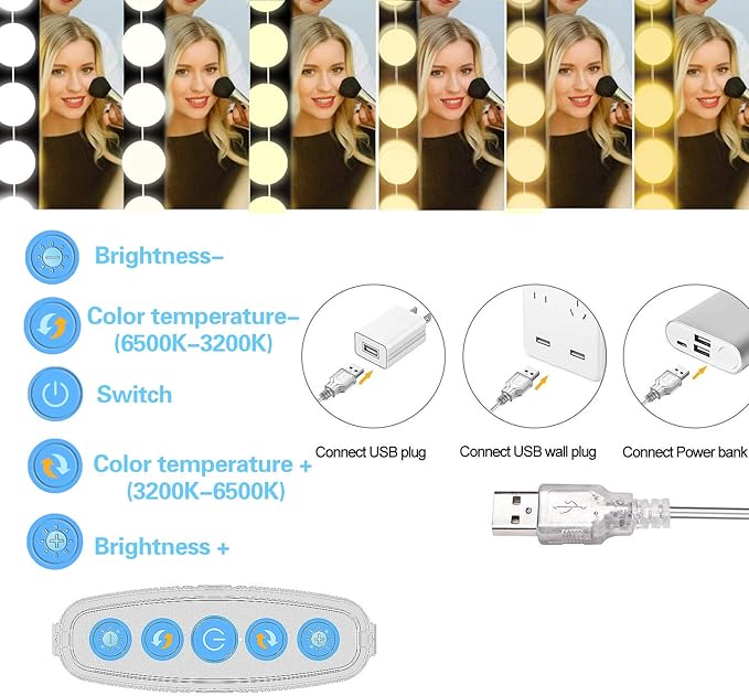 Vanity Mirror Lights, 10 Dimmable Bulbs DIY Hollywood Style LED Makeup Mirror Lights with USB Cable, Lighting Fixture Strip for Makeup Dressing Table Bathroom Dressing Room etc, White
