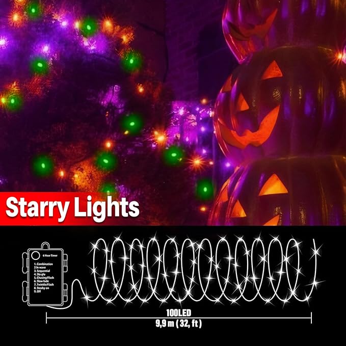LAMPHOME 100 LED 33FT Halloween Fairy Lights Battery Operated with Remote, Mini Starry String Lights,Multi Functions & Timer, Twinkle Light for Home Bedroom DIY Centerpiece Decor,Orange Purple Green