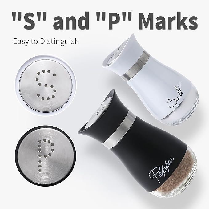 Lonffery Salt and Pepper Shakers Set - Salt Containers for Gifts, Kitchen Decor, Home, RV, Camp, BBQ, 4 oz Farmhouse Spice Dispenser with Glass Bottom, Black and White, Set of 2