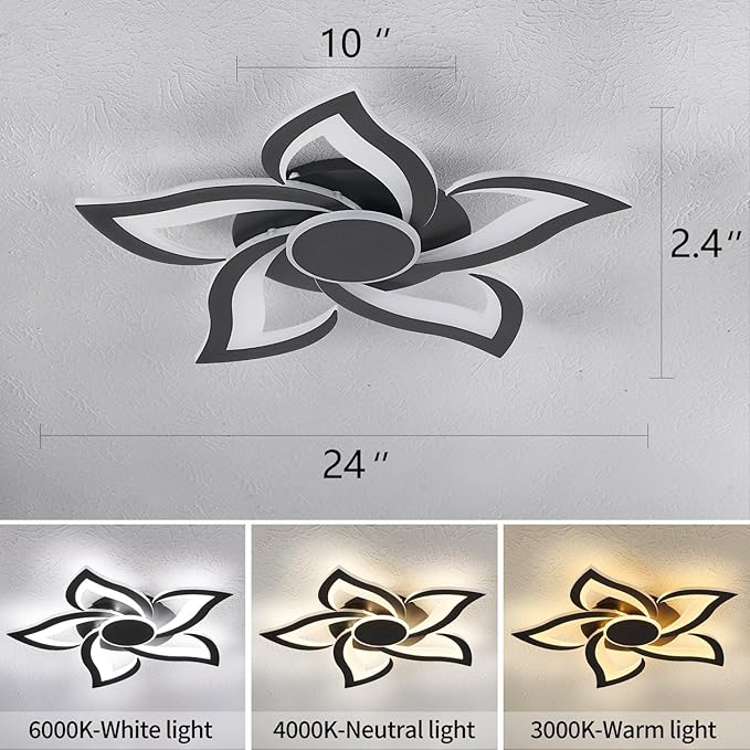 HuixuTe 24" Modern Geometric Ceiling Light Fixture, Black Dimmable 3 Colors LED Close to Ceiling Light Fixtures with Remote, Low Profile Flush Mount Ceiling Light for Kitchen, Living Room
