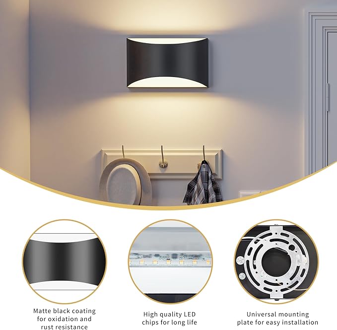 TingMiao Black Modern LED Wall Sconce, Hardwired Wall Sconces Set of 2, 3 Colors Indoor Wall Lamp, 10W Up and Down Aluminum Wall Mount Light for Bedroom Living Room Hallway Corridor (Black, 2 Pack)