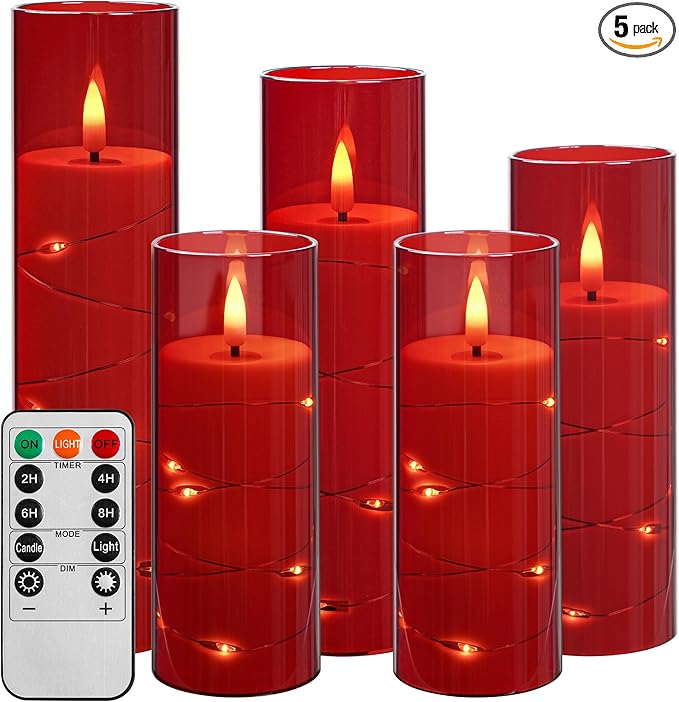 Da by Flameless Candle Light, Battery Candle with recessed String Light, 5 flameless Candles with 11-Key Remote Control, 24-Hour Timer Function, red